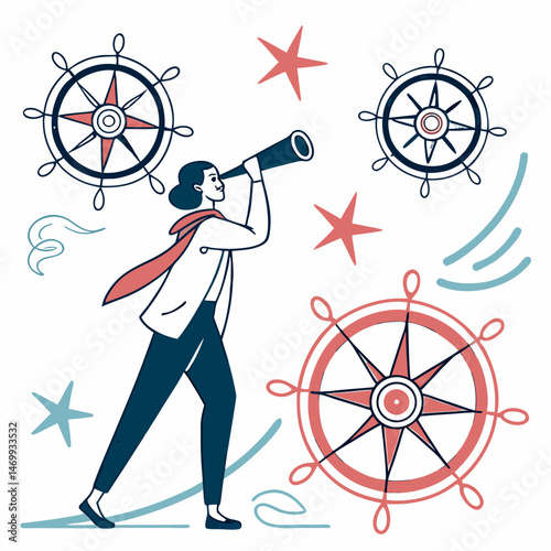 The seafaring navigator charts a course with compass and telescope illustration