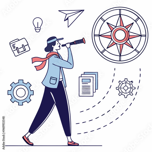 Business visionary observing future prospects with telescope and compass illustration