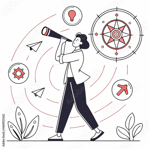 Illustration of a person looking through a telescope exploring future opportunities and ideas