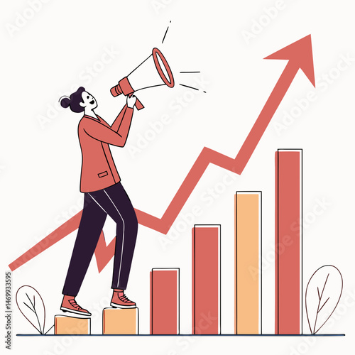 Businesswoman with megaphone announcing growth and rising bar chart on white background