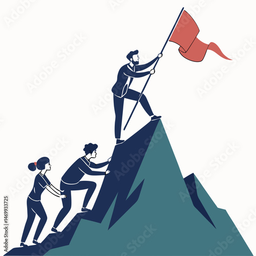 Team reaches summit holding flag illustrating success in business or corporate endeavors