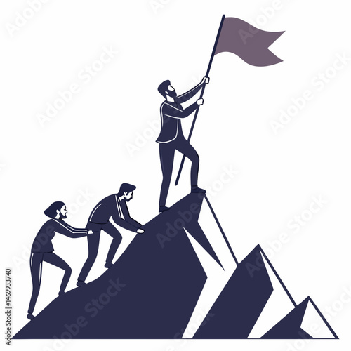 Teamwork and perseverance illustrated as business professionals summit a mountain peak