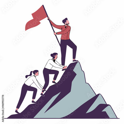 Team reaches the summit celebrating with a flag illustrating business success