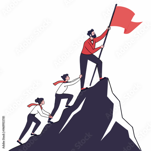 Teamwork reaching the summit illustrating business success and achieving goals together