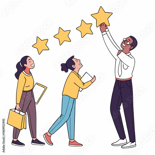 Teamwork reaching for success achieving goals with positive customer feedback and ratings