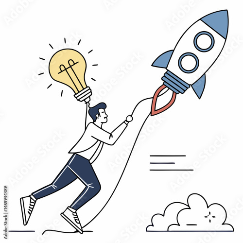 Businessman launching a rocket powered by an idea representing business success and innovation
