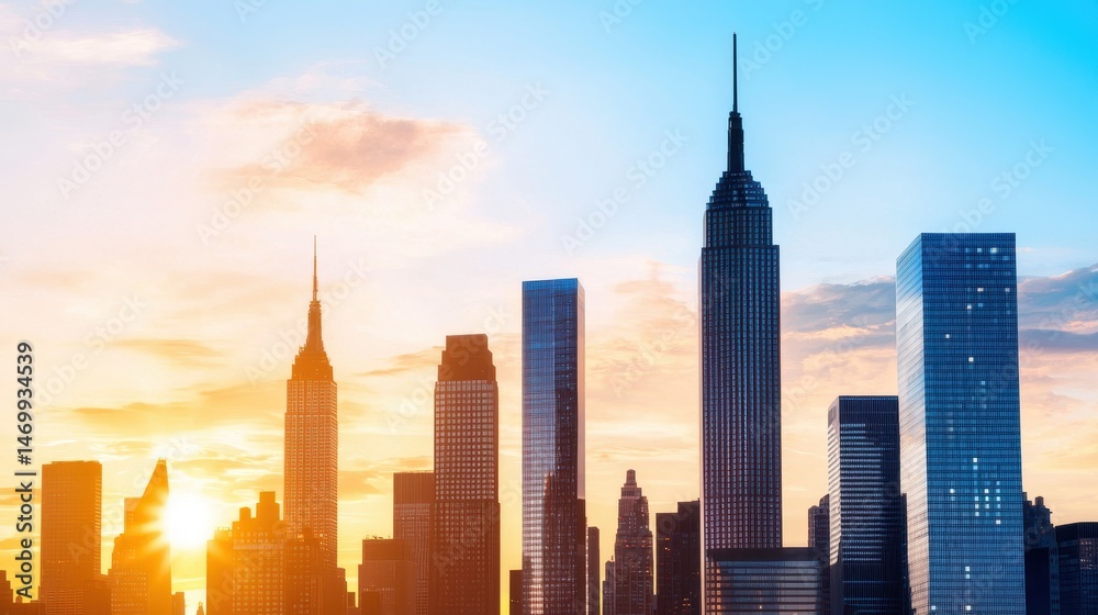 Fototapeta premium Modern city skyline at sunrise with tall skyscrapers and vibrant blue and yellow sky.