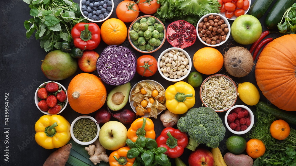 custom made wallpaper toronto digitalHealthy eating ingredients: fresh vegetables, fruits and superfood. Clean eating and detox. Nutrition, diet, vegan food.