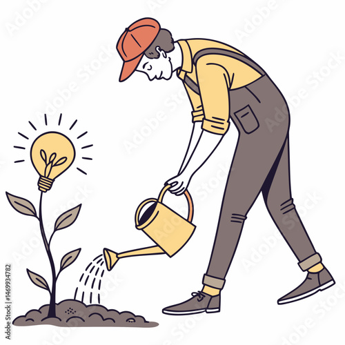 Gardener nurturing a lightbulb plant illustrating the growth of an idea