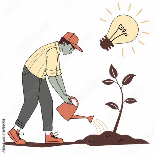 Man nurturing a plant symbolizing ideas and creativity with light bulb above