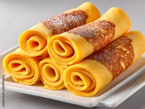 Four delicious golden crepes rolled neatly are presented on a pristine white plate ready to be enjoyed.