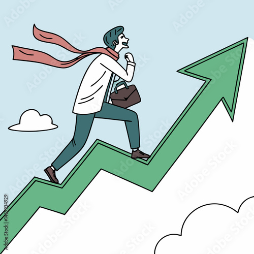 Businessman climbing a growth arrow representing business success and upward trend
