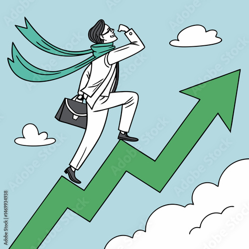 Ambitious businessperson climbing upward on a green arrow symbolizing growth and success