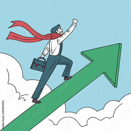 Businessman climbing green arrow symbolizing growth success achievement progress