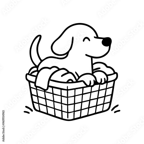 A cozy dog snuggled in clean laundry inside a basket, peeking out with a relaxed smile.