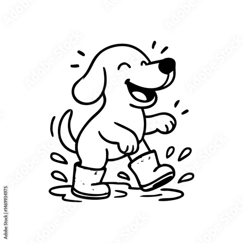 A happy dog in tiny rain boots hopping through puddles, tail up, with playful splashes around.