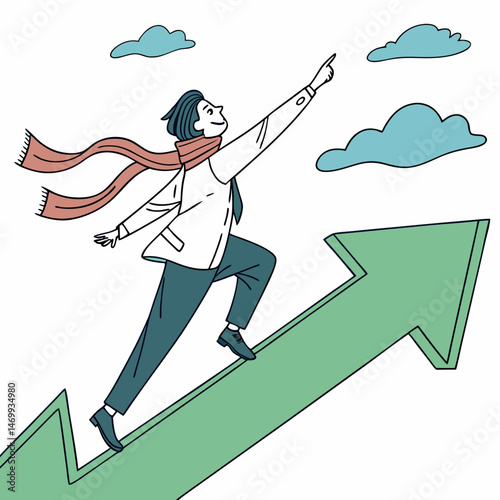 Business person ascending upward arrow pointing to success and new opportunities