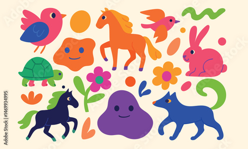 Colorful cartoon illustration featuring various stylized animals including birds, horses, a rabbit, a turtle, a dog, and abstract shapes with smiling faces. Bright playful elements and flowers