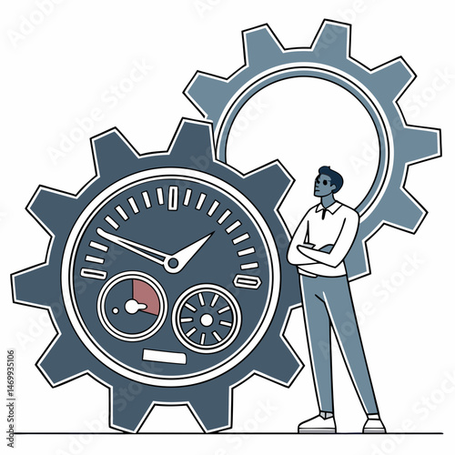 Engineer controlling operation within a gear structure illustrating industrial manufacturing