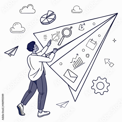 Person using spyglass on paper airplane symbolizing business growth and direction
