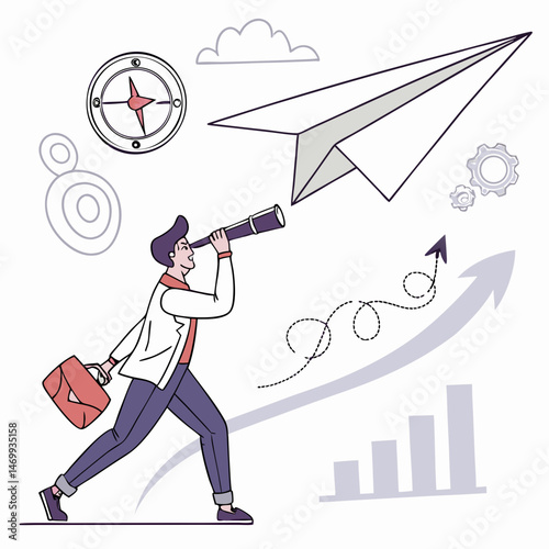 Business analyst using telescope on paper airplane conceptualizing growth and data