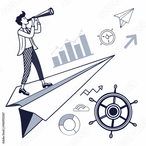 Businesswoman uses telescope on paper plane for future success and vision