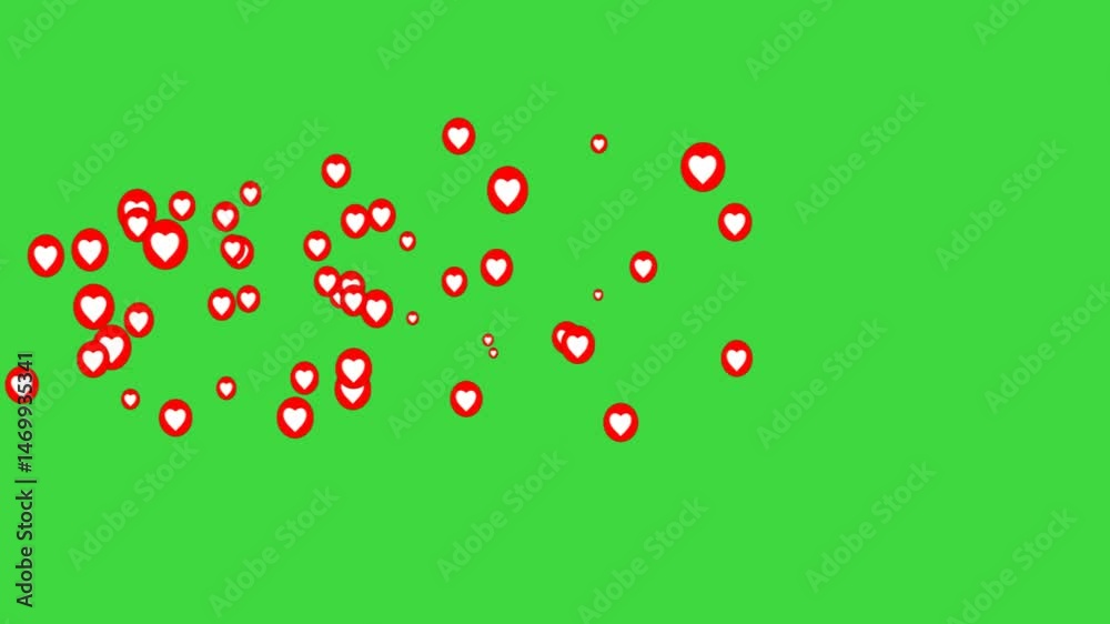 social media emoji, love react animation green screen.  red love heart emoji chroma key background. social media love reaction. social media live streaming on green background. love flying  loop video