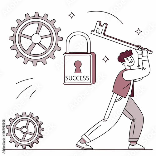 Achieving success an illustrated concept of unlocking goals with perseverance
