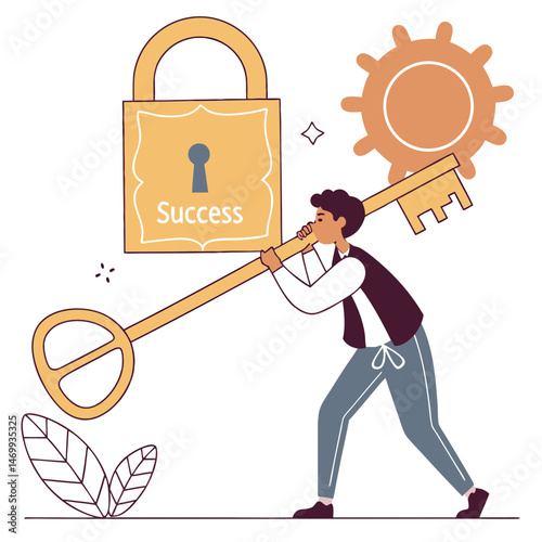 Achieving success concept man using key to unlock the padlock symbol