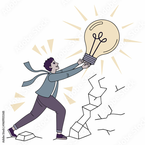 Man pushing forward to illuminate idea with bright light bulb creative concept