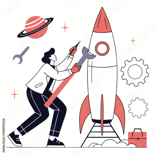 Technician working to repair a rocket ship representing startup business concept
