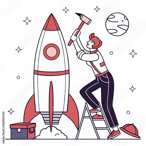 A woman repairing a rocket ship in space with tools for new beginnings