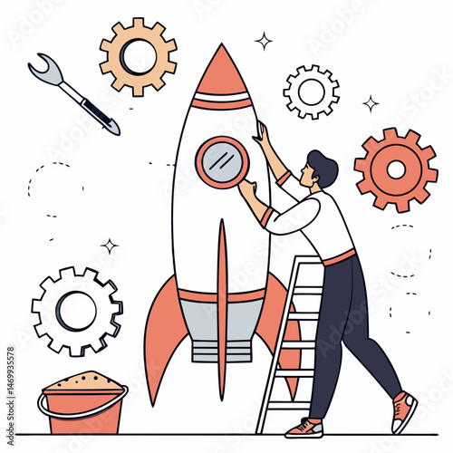 Businessman inspecting a rocket ready for launch with gears and engineering elements