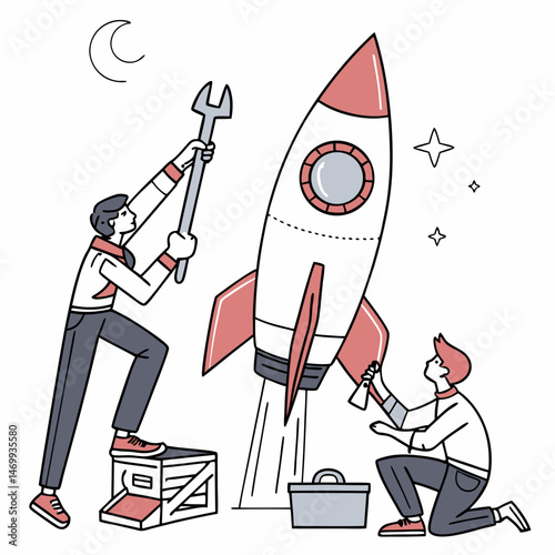 Team assembling a rocket ship for launching into space under moonlit skies