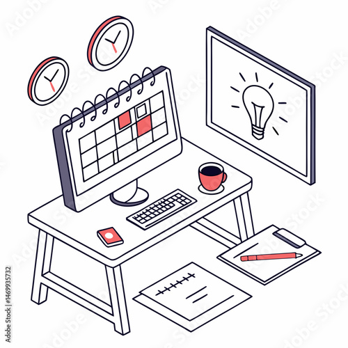 Animated office desk with work related items and daily task symbols