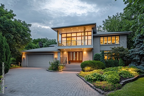 A wide angle photo of an elegant house with large windows, front door and garage in the background, garden at night with lights on, modern architecture, brick driveway, light gray walls, white roof, 