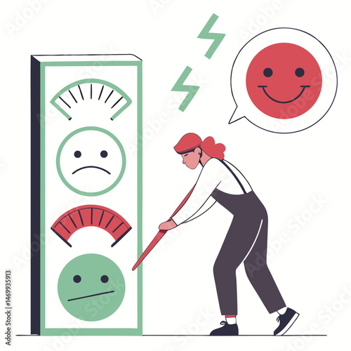 Illustration of a man adjusting a customer satisfaction meter with a positive reading