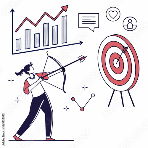 Businesswoman aiming arrow at target with growth chart success and achievement.