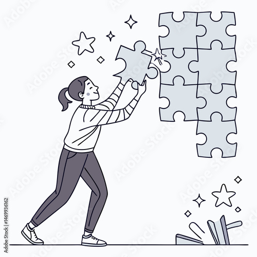 Woman assembling a puzzle symbolizing collaboration and problem solving successfully