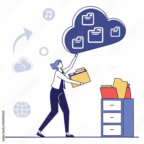 Cloud data storage concept with woman retrieving documents from the cloud