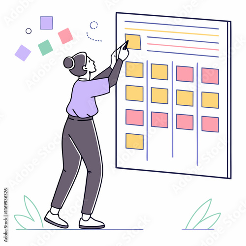 Businessman placing sticky note on white board with financial data charts