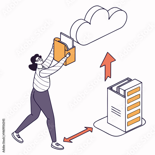 Illustration of data uploading and cloud storage in modern isometric style