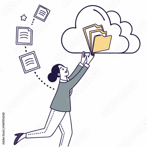 Modern business woman uploading documents to cloud storage for data management