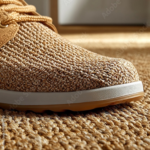 Close-up view of a light beige knit sneaker on a beige rug. photo