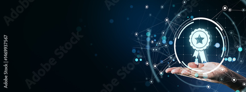 Bild auf Leinwand Person holding digital award icon with technology connections on blue abstract background, symbolizing achievement, quality and recognition in business