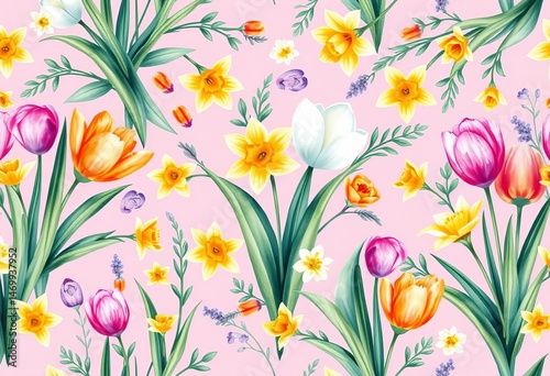 Watercolor spring floral seamless pattern featuring crocus, daffodils, and tulips on a pink background, pretty, elegant