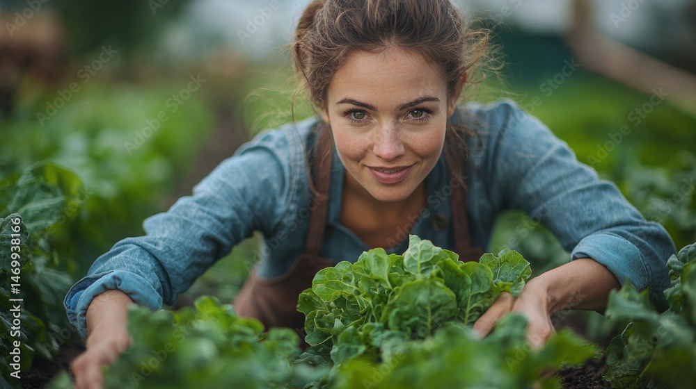 Fototapeta premium A smiling female farmer wea a denim shirt and apron gently tends to her lush green lettuce crop in her vibrant and thriving vegetable garden today.