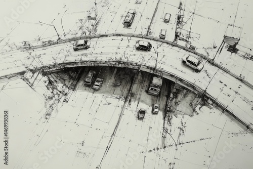 Detailed ink sketch of a highway overpass.