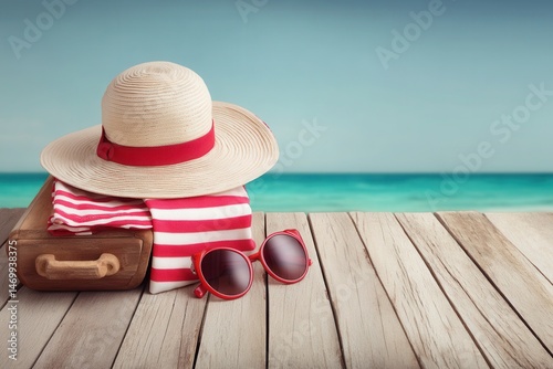 Hat, sunglasses, and suitcase arranged on a wooden table with natural light, travel essentials concept.