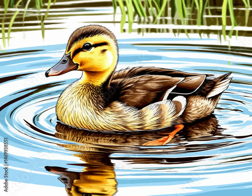 Duck swimming gracefully in tranquil water surrounded by greenery  
